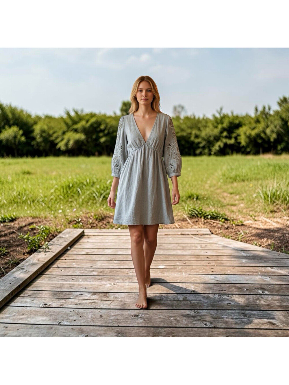 Lovestitch Blue Embroidered V-Neck Puff 3/4 Sleeve Knee Dress Sz.S